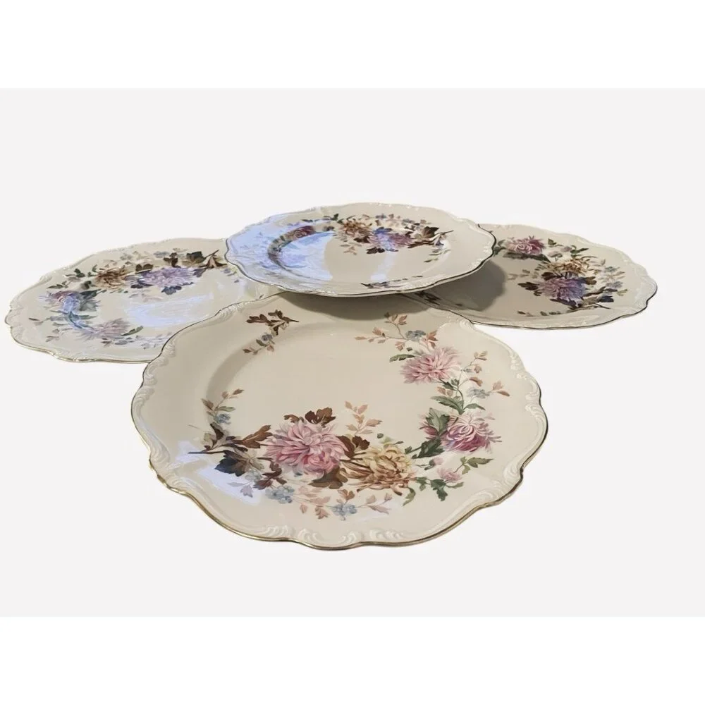 Set 4 Vtg 50s Rosenthal Ivory Daphne DINNER Plates Purple Floral Gold Trim China - Picture 3 of 9